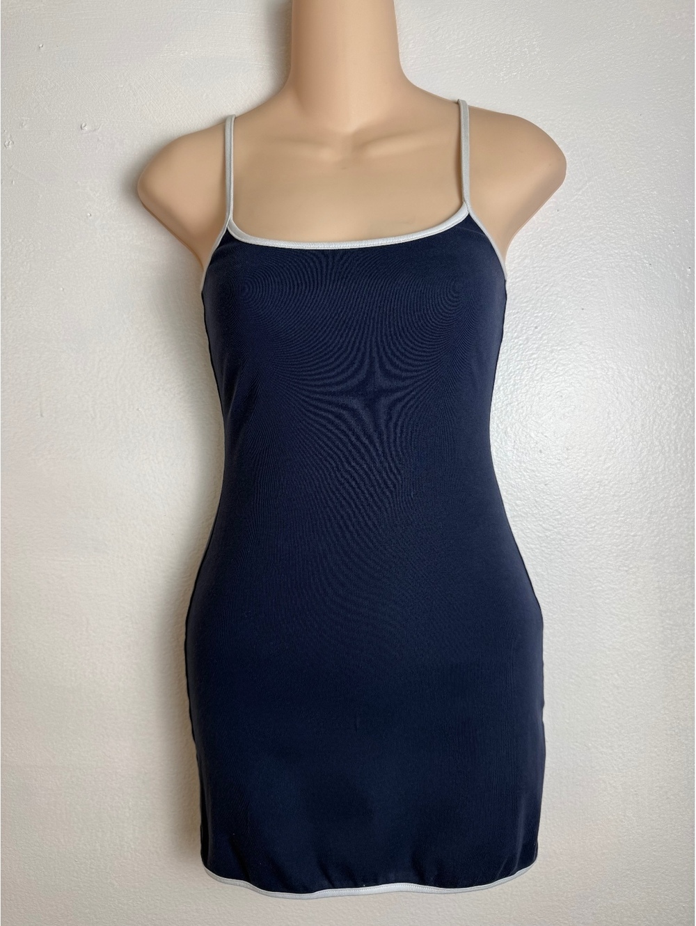 Edikted Navy Blue Bodycon Mini Dress with White Trim and Adjustable Straps, XS